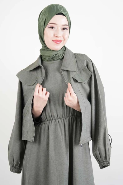 Tesettür Viskon Takım Üst Fermuar Ceketli Elbise Yeşil - 2