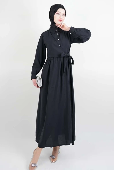 Bayan Elbise - Elmas Düğmeli Elbise Cupra Modal Elbise Siyah