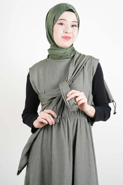 Tesettür Viskon Takım Üst Fermuar Ceketli Elbise Yeşil - 3
