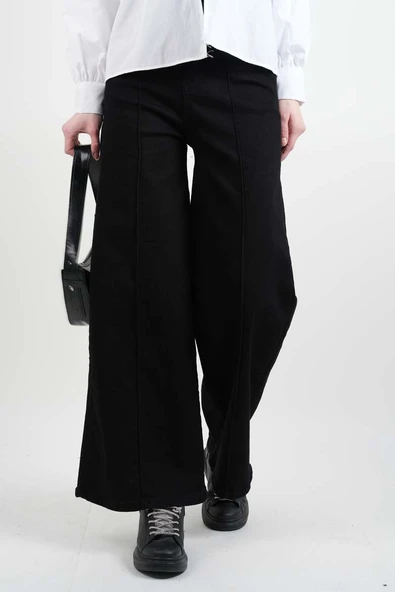 Bayan Bol Paça Kot Pantolon Palazzo Denim Siyah