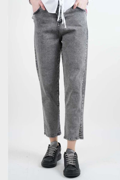Kot Pantolon Bayan Yan Yırtmaç Taş Detaylı Denim Pantolon Açık Gri