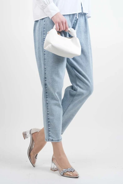 Bayan Kot Pantolon Bel Lastikli Mom Jeans Açık Mavi - 2