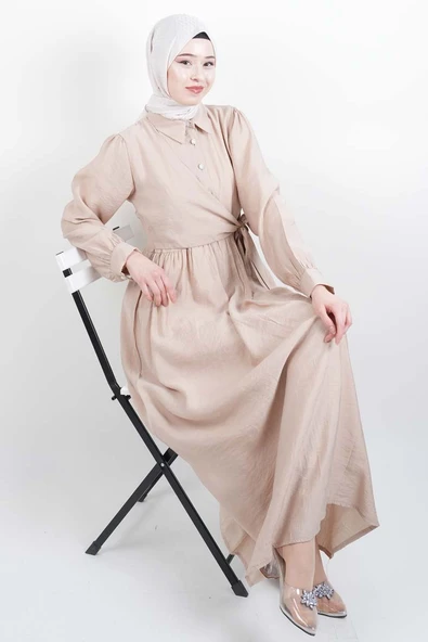 Bayan Elbise - Elmas Düğmeli Elbise Cupra Modal Elbise Krem