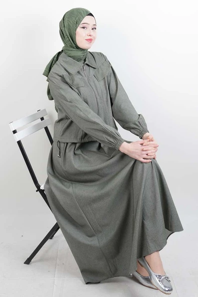 Tesettür Viskon Takım Üst Fermuar Ceketli Elbise Yeşil