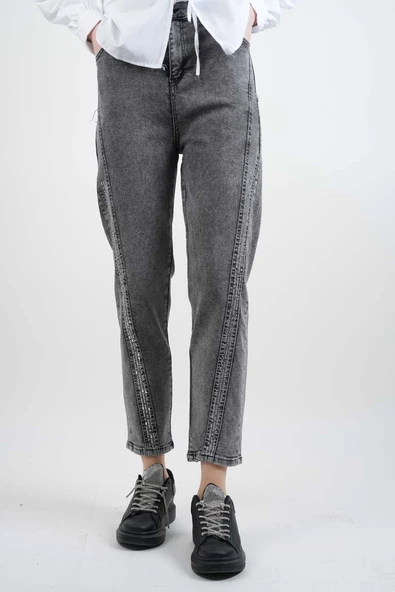 Bayan Kot Pantolon Baget Taşlı Denim Pantolon Açık Gri - 3