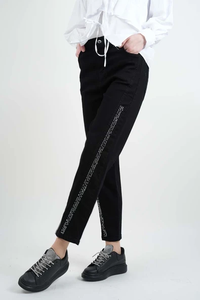 Bayan Kot Pantolon Baget Taşlı Denim Pantolon Siyah - 3