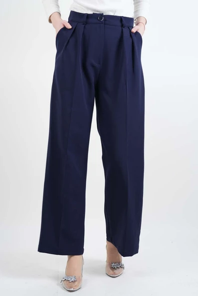 Bayan Blazer Pantolon Bol Paça Pantolon Lacivert
