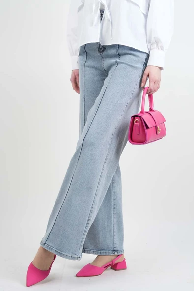 Bayan Bol Paça Kot Pantolon Palazzo Denim Açık Mavi - 2