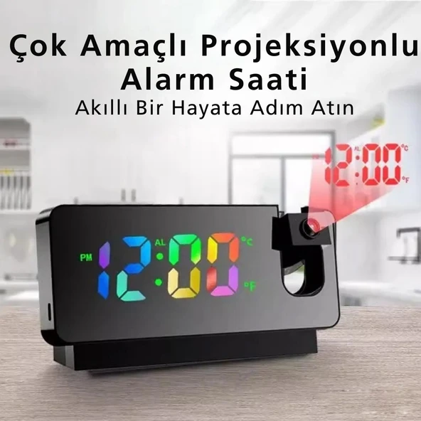 Monozone Aynalı Projeksiyon Saat Renkli Ekran Çalar Saat,Takvim,Sıcaklık 180°Dönebilen Yansıtmalı - 2