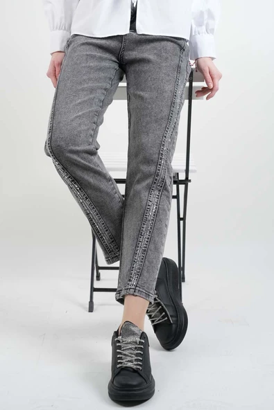 Bayan Kot Pantolon Baget Taşlı Denim Pantolon Açık Gri