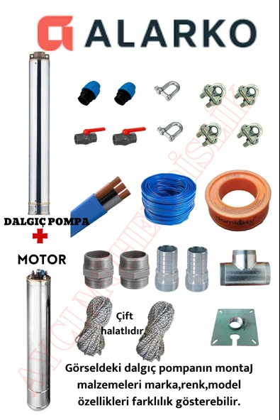 4SD16/9 3HP ALARKO TRİFAZE 35 MT YASSI KABLOLU  70 MT HALATLI ÇİFT VANALI AKITMA BAŞLIKLI  TAKIM DALGIÇ POMPA
