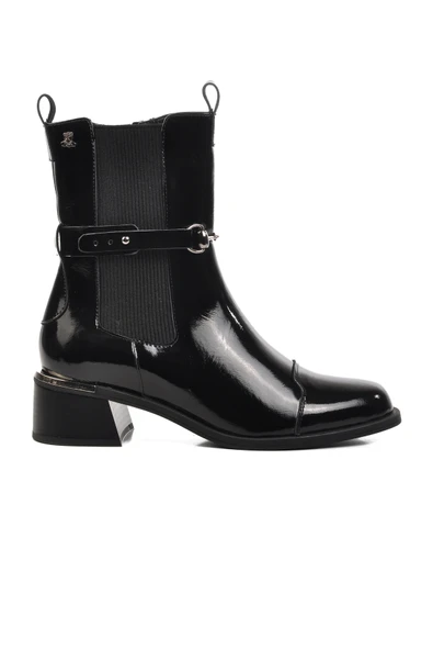 Venüs Siyah Rugan Hakiki Deri Kadın Topuklu Bot