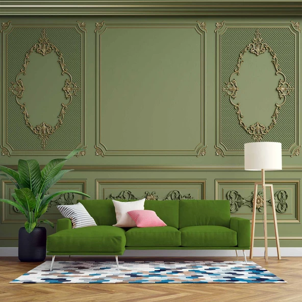3D Yeşil Panel Altın Motif Duvar Kağıdı Baskı