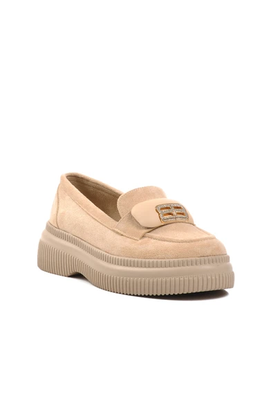 Aspor Bej Süet Poliüretan Kadın Düz Rahat Günlük Ayakkabı - Resim 3