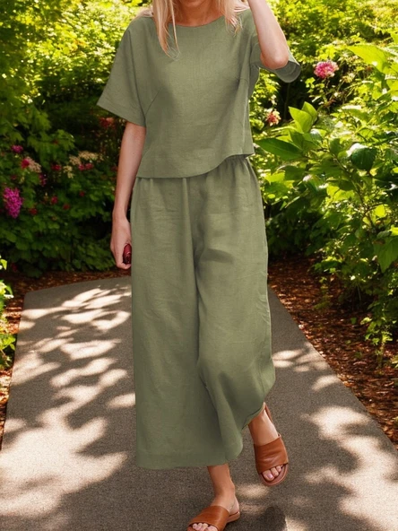 İkili Takım Alt Üst Keten Günlük Rahat Beli Lastikli Kadın ürün görseli