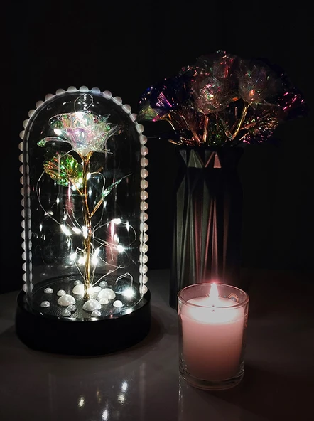 Hediye Sonsuzluk Gülü Ledli Fanus İçerisinde İnci Desenli Özel Tasarım Teraryum Gül - 2