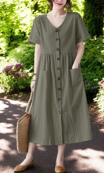 Tasarım Keten Günlük Rahat V Yaka Beli Büzgü Detaylı Düğmeli Elbise ürün görseli 1