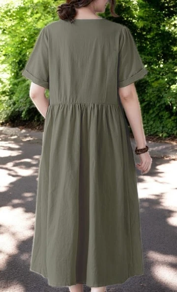 Tasarım Keten Günlük Rahat V Yaka Beli Büzgü Detaylı Düğmeli Elbise - Resim 2