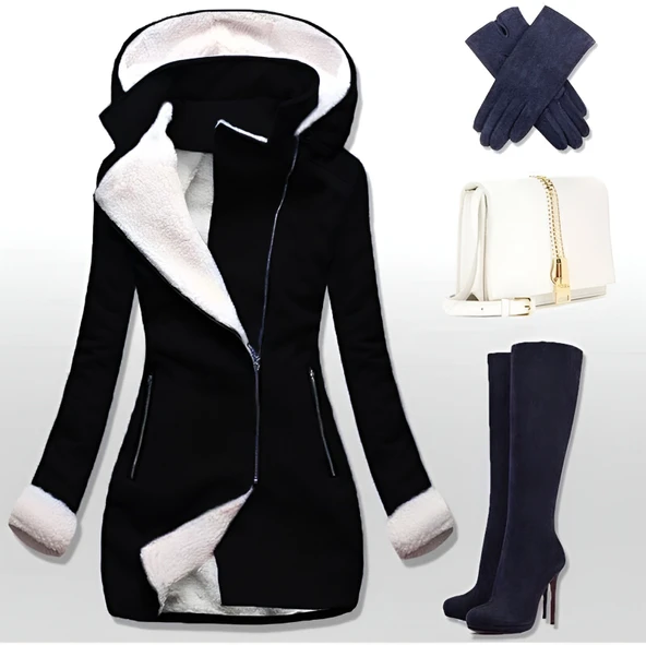 Kaşmir Kapüşonlu Kaşe Kışlık Kadın Kaban