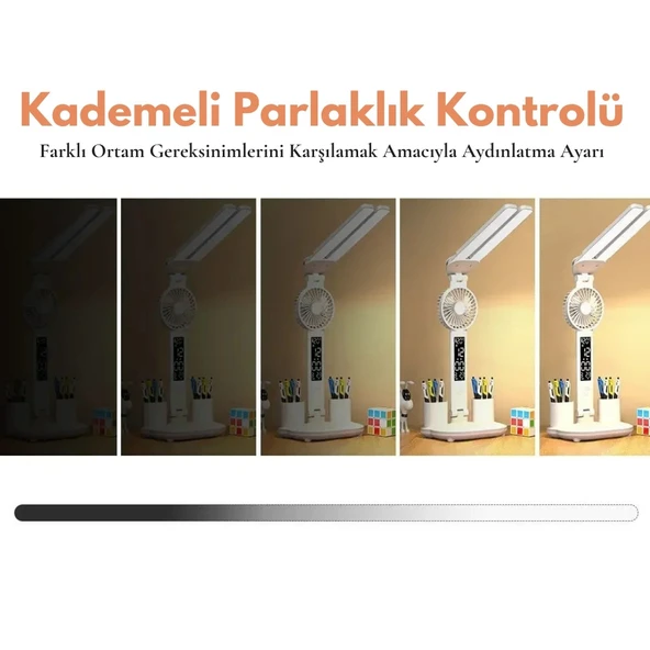 Monozone Çok Fonksiyonlu Fanlı Masa Lambası Saat+Tarih+Derece+Kalemlik+Telefon Stand Şarjlı Lamba - 4