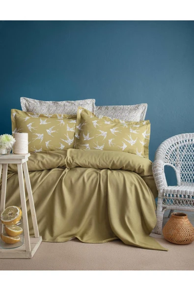 Apricitas HOME Çift Kişilik Bambu Pıke Set Freely Olıve - Nevresımlı Pıke Takımı