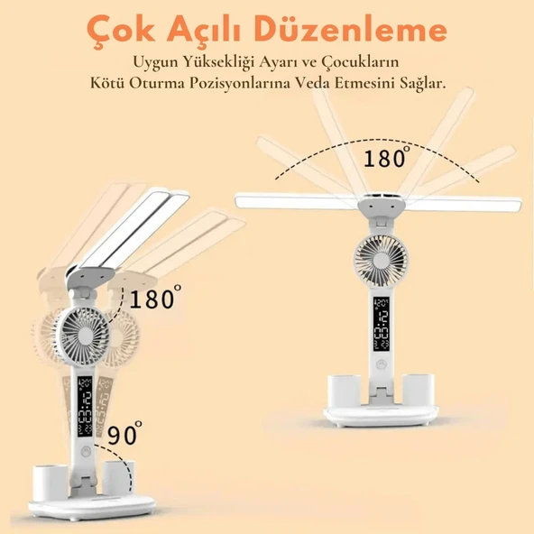 Monozone Çok Fonksiyonlu Fanlı Masa Lambası Saat+Tarih+Derece+Kalemlik+Telefon Stand Şarjlı Lamba - 9