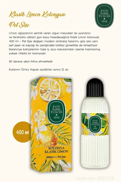 400 ML 80 Derece Klasik Limon Kolonyası 7 AL 6 ÖDE ve ROSIE Hediye - Resim 2
