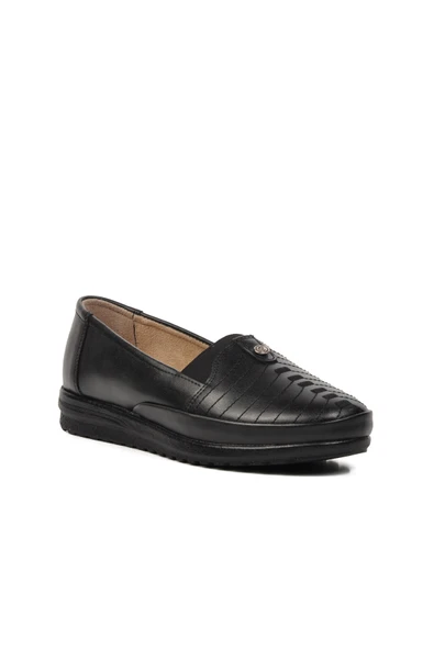 Aspor Siyah Hakiki Deri Kadın Düz Rahat Günlük Ayakkabı - Resim 3