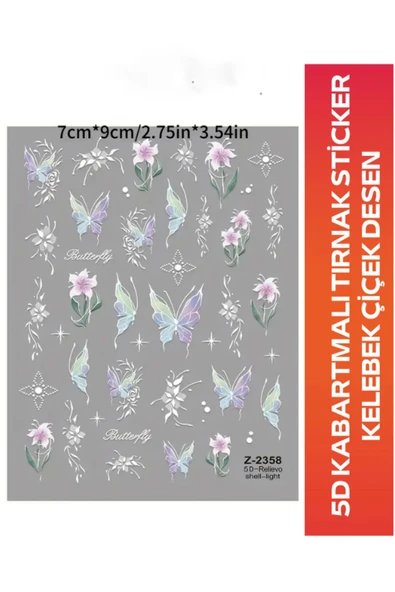 Fontenay 5D Kabartmalı Nail Art Tırnak Sticker Kelebek Çiçek Desen Z-2358 - 2