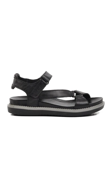 Venüs Siyah Hakiki Deri Kadın Düz Sandalet - Resim 6