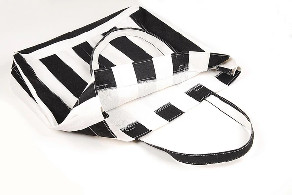 Kadın Kanvas 2 Cepli Günlük Renkli Plaj Omuz Çantası Siyah - Resim 3