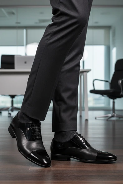 Fosco Siyah Rugan Hakiki Deri Erkek Klasik Ayakkabı - Resim 3