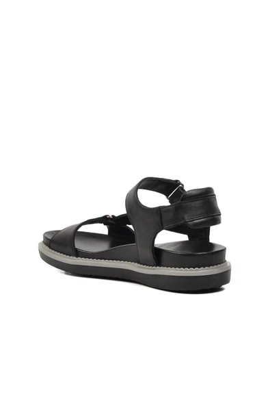 Venüs Siyah Hakiki Deri Kadın Düz Sandalet - Resim 9