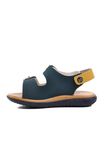 Aspor Lacivert Nubuk Sarı Krem Erkek Çocuk Düz Sandalet - Resim 2