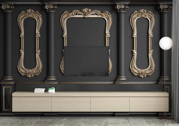 3D Siyah Sütun Altın Çerçeve Motif Duvar Kağıdı Baskı - 3
