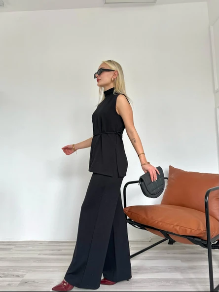 Kadın Dik Yaka Bağcıklı Pantolon Takım Siyah - Resim 4