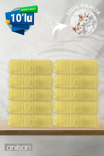 10'lu Sarı Greek El Havlusu - 50x90 Cm, 225gr, %100 Pamuk, Spa Ve Otel Havlusu, Günlük Kullanıma Uygun