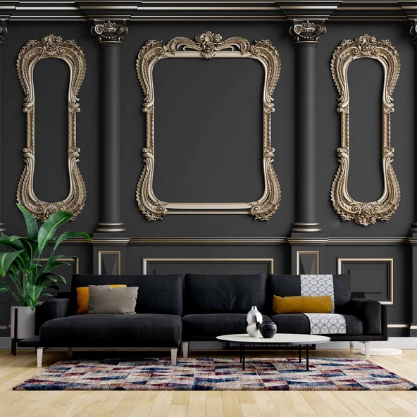 3D Siyah Sütun Altın Çerçeve Motif Duvar Kağıdı Baskı