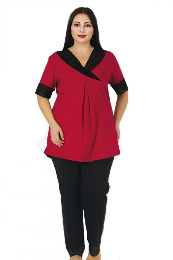 Kırmızı - Siyah Renk Büyük Beden Pijama Takımı -   Lady 403 Kısa Kol Battal  Pijama Takımı