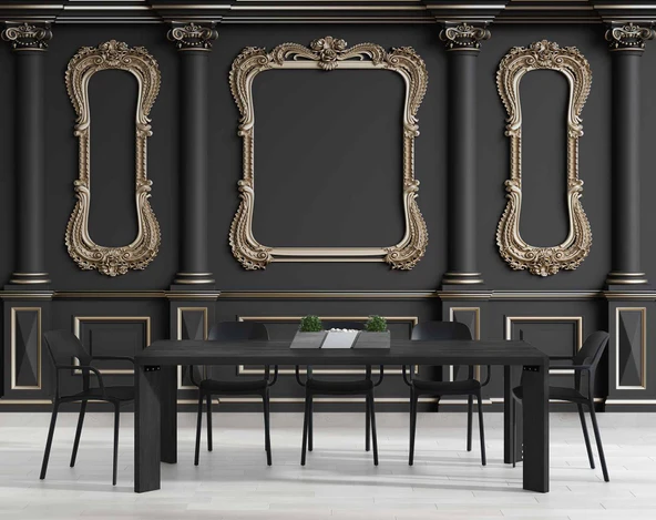 3D Siyah Sütun Altın Çerçeve Motif Duvar Kağıdı Baskı - 5