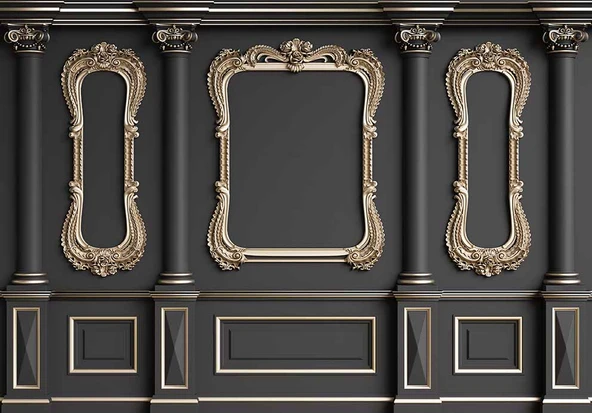 3D Siyah Sütun Altın Çerçeve Motif Duvar Kağıdı Baskı - 7