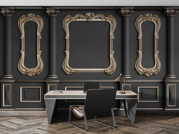 3D Siyah Sütun Altın Çerçeve Motif Duvar Kağıdı Baskı - 4