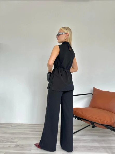 Kadın Dik Yaka Bağcıklı Pantolon Takım Siyah - Resim 5