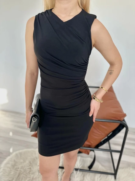 Kadın Büzgülü Elbise Siyah - Resim 5