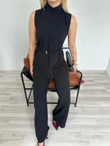 Kadın Dik Yaka Bağcıklı Pantolon Takım Siyah - Resim 3
