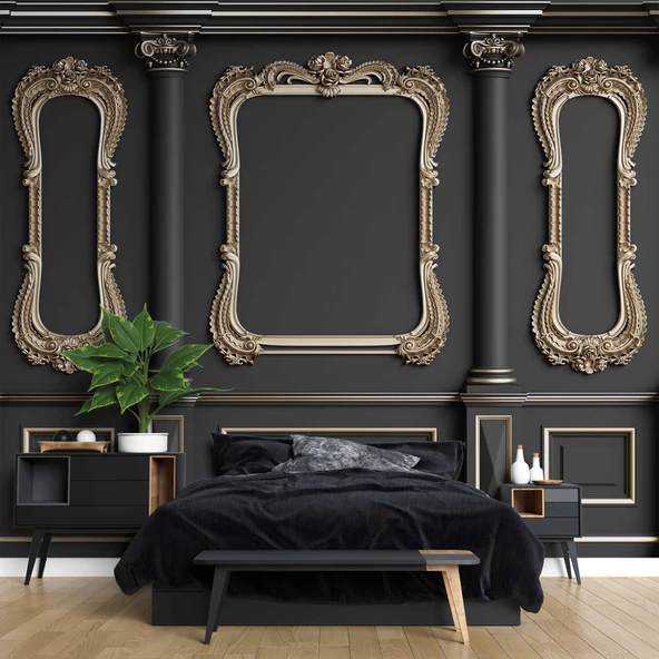 3D Siyah Sütun Altın Çerçeve Motif Duvar Kağıdı Baskı - 2