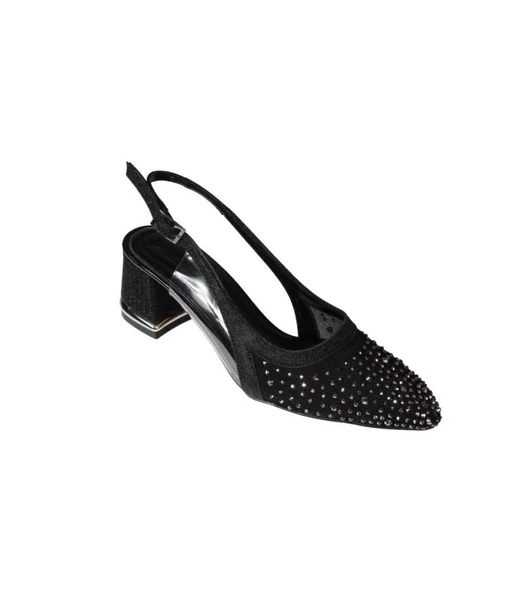 YAZKIŞ Kadın Siyah Gümüş Üzeri Taşlı Tüllü 5cm Kalın Taban Simli arkası Açık Önü Kapalı Abiye Ayakka ürün görseli