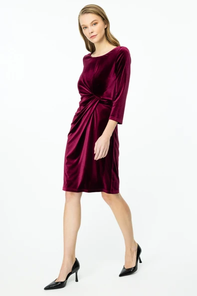 Ekol Kadın Midi Kadife Elbise - 3/4 Kol, Minimalist, Özel Gün - Resim 4