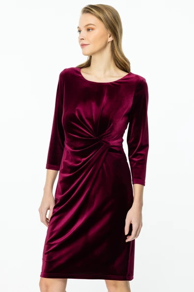 Ekol Kadın Midi Kadife Elbise - 3/4 Kol, Minimalist, Özel Gün - Resim 5