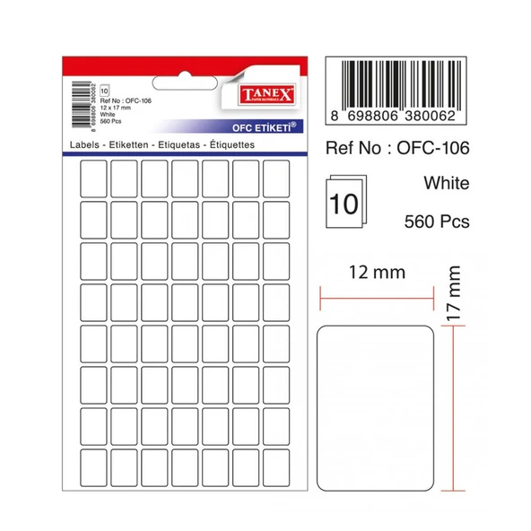 Tanex OFC-106 Beyaz Ofis Etiketi 12X17mm 10 Syf - 560 Adet